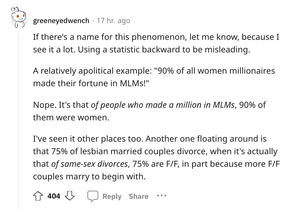 angle - greeneyedwench . 17 hr. ago If there's a name for this phenomenon, let me know, because I see it a lot. Using a statistic backward to be misleading. A relatively apolitical example "90% of all women millionaires made their fortune in Mlms!" Nope. 
